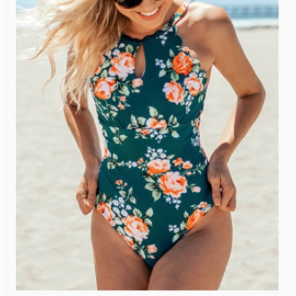 CupShe: Teal floral scalloped one piece swimsuit